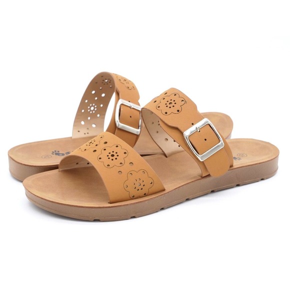 Ositos Shoes - Ositos Womens 10 Sandals Brown Faux Leather Floral Laser Cut Slide Slip On